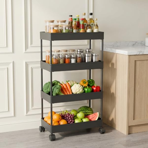 Multipurpose Storage Organizer Slim Rack Shelf with Wheels for Living Room, Office, Bedroom, Bathroom, Kids Room, Kitchen Trolley (4 Layer Black)-image-24