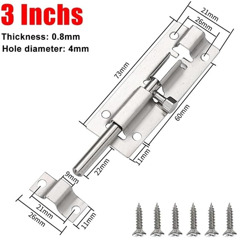 Stainless Steel Door Security Lock Buckle Window Latch Heavy Duty Thickened Sliding Gate Tower Bolts Latch Catch Home Hardware(3 Inches,5pcs)