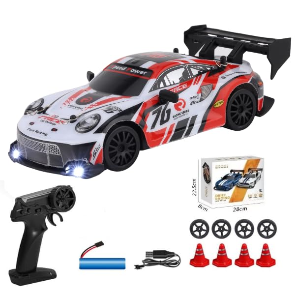 RIZAMZ RC Drift Car 4WD Remote Control Racing Car with Replaceable Drift Tyres, Neon Lights, Rechargeable, with 4 Cones, Gift for Boys and Girls (White Porsche)