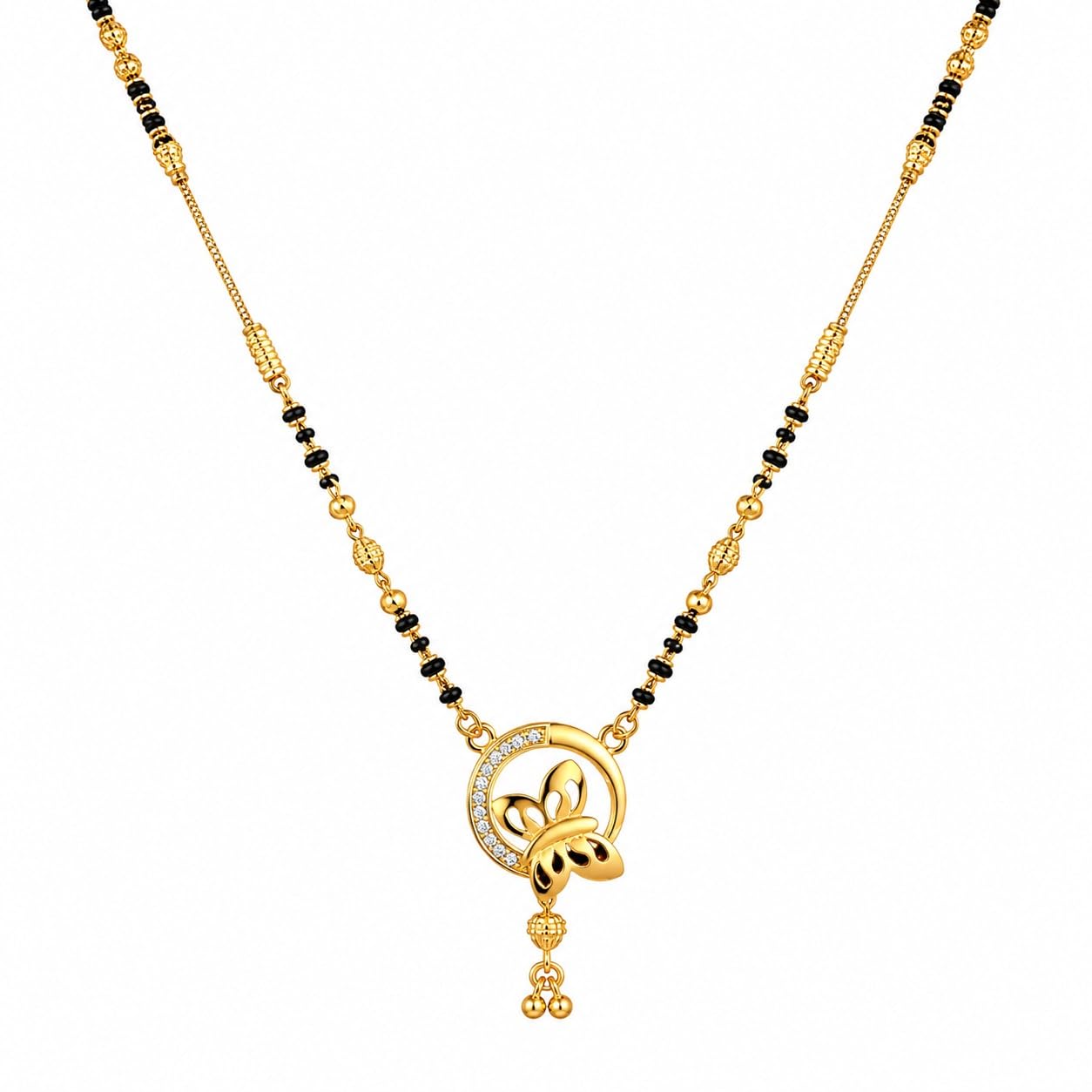 Women Traditional Mangalsutra, Gold & Black, Brass Alloy with Micro Gold Plating, AD Stones, Black Beads, Butterfly Pendant-image-33