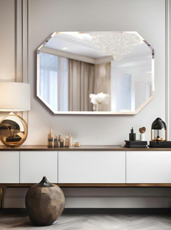 Image of 12x18 Inch Octagonal Frameless Bathroom Mirror - 5mm HD Beveled Glass for Vanity, Hallway & Bedroom - Moisture‑Resistant Decorative Wall Accent