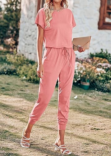 KIRUNDO Jumpsuits for Women Summer 2026 Casual Short Sleeve One Piece Outfits Drawstring Waist Long Pants Romper Jumpers(Light Pink, Small) — view 5