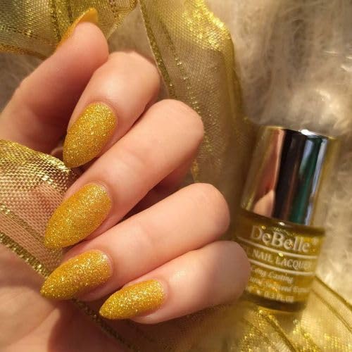 DeBelle Gel Nail Polish Pegasus (Lime Yellow with Gold Glitter Sugar Finish Nail Paint)|Non UV - Gel Finish |Chip Resistant | Seaweed Enriched Formula| Long Lasting|Cruelty and Toxic Free| 8ml 2