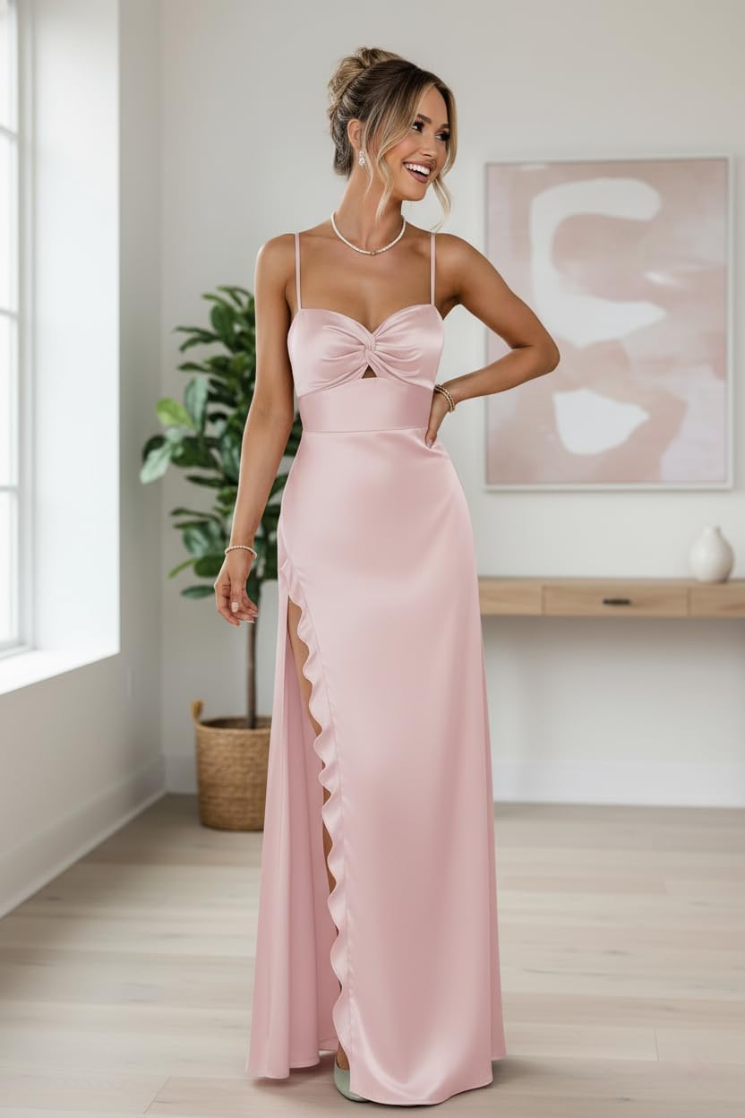 Spaghetti Straps Satin Prom Dress for Teens Women's Mermaid Ruffle Formal Evening Party Gowns with Slit LL-M119