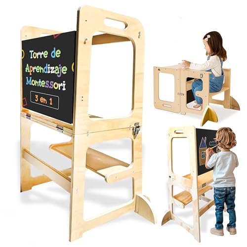 Torre de Aprendizaje Plegable Mejora la Independencia - Torre Aprendizaje Montessori 3 en 1 Mesa Actividades Bebe 1 Año y Escalera Montessori Madera y Torre Montessori Plegable Mejora Cognitiva