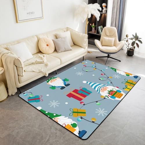 Merry Christmas Area Rug 3x5 for Kids Bedside Living Room,Gnome Santa Claus Carpet,Xmas Colorful Lights Living Room Rugs for Girls Boys Child Bedroom,New Year Gift Cartoon Indoor Floor Mat,Blue