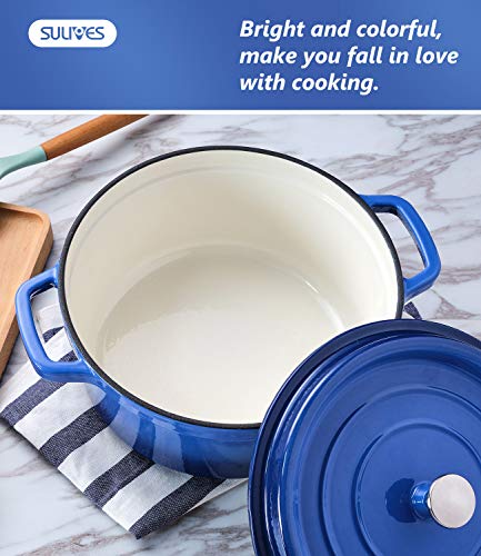 SULIVES 5 Quart White Enameled Cast Iron Dutch Oven with Lid bread baking Pot use on gas electric oven for 4-6 people(Dark Blue)