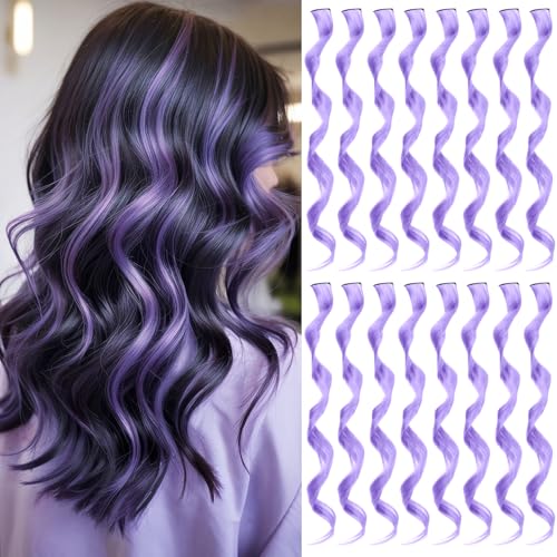 TOFAFA 16 Pcs Purple Hair Extensions Curly Wavy Clip in Synthetic Hair Extensions Colorful Party Highlights Hairpiece Streak for Women Girls Cosplay Party Gift(Light Purple)