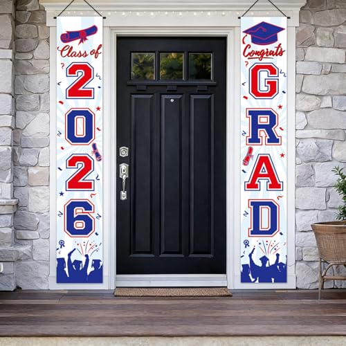 Image of Graduation Decorations 2026 Porch Banner, Graduation Banner Class of 2026, Red and Blue Congrats Grad Decorations for Door and Porch Party Supplies