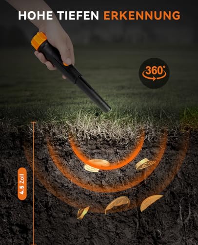Metalldetektor Pinpointer - SUNPOW IP68 Komplett Wasserdicht 360° Suchen Metallsuchgerät mit Gürtel Holster, Summton Vibration Klang (DREI Modi), 9V Batterie & Samtbeutel Inklusive 4