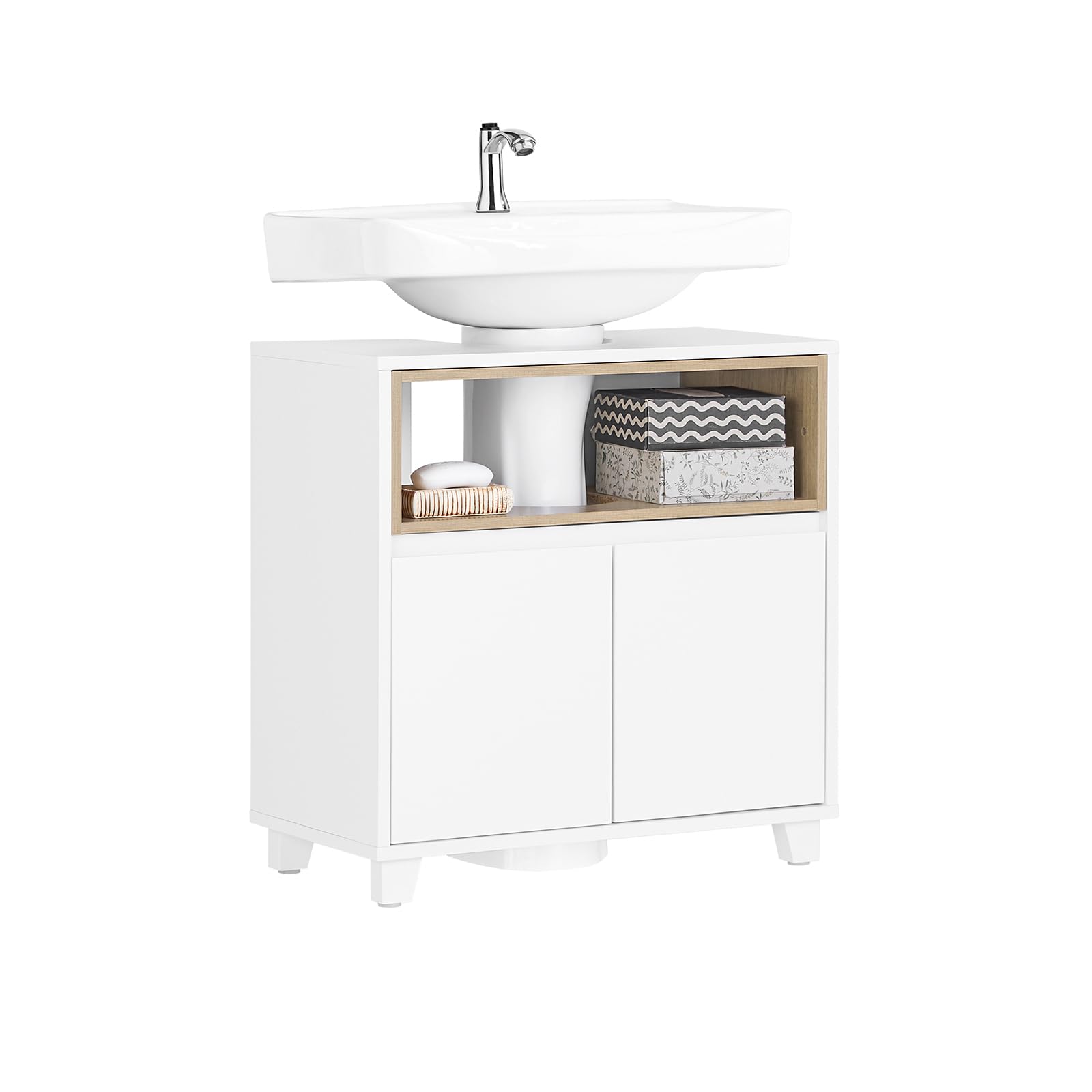 SoBuy Waschbeckenunterschrank Schmaler Bad Unterschrank mit Tür und 2 Fächern, Badezimmer Schrank Weiß-Holz Design Ideal für kleines Badezimmer 60x30x61 cm BZR148-W