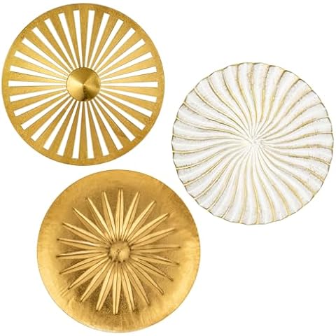 Briful 12" Wall Décor Pack of 3 Metal Gold & White Washed Starbursts Radial Plate Wall Art Modern Accent Hanging Wall Decorations For Home Office Bedroom Or Living Room Wall Sculptures Cover