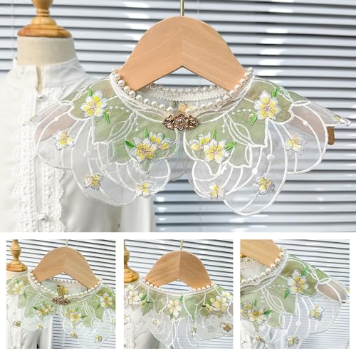 False Collar Lace Shawl Wrap Yunjian Collar Detachable Embroidery Flower Decorative Chinese Yunjian Studded, 46cm/18.11inch, Green White4
