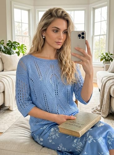 Image of EVALESS Womens Crochet Hollow Out Knit Tops Half Sleeve Spring Summer Sweaters Beach Cover Ups for Women Trendy 2026