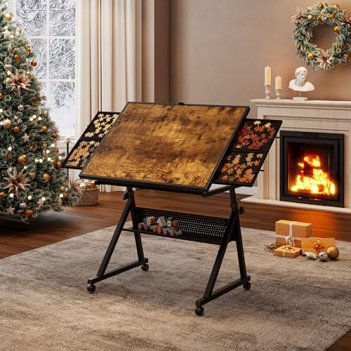 Adjustable 1500-Piece Jigsaw Puzzle Table with 4 Felt Trays, Wooden Cover, Large Storage, and 4 Universal Wheels - Perfect for Adults, Black Color
