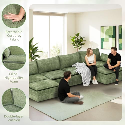Image of LEVELEVE 147 inch U-Shape Modular Sofa with 2 Ottomans, Deep Seat Cloud Convertible Sleeper, 2 Arm Pillows, Comfortable Large Upholstered Furniture for Living Room Apartment, Green