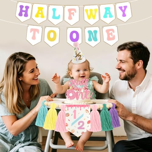 Image of 1 /2 Birthday Girl Half Birthday Decorations, Donuts Candy Half Way to One Banner Glitter Cake Topper Tassel Wood Bead High Chair Banner & Cone Hat 6 Months birthday Decorations Party Supplies