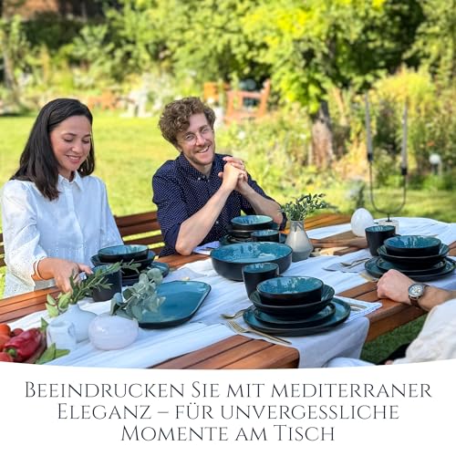 Steingut Geschirrset 12 Pers. Ibiza 48-tlg Hochwertiges Mediterranes Steingut Geschirr Set - Schüssel- und Teller Set - Tafelservice 12 Personen Geschirrsets Pure Living in Petrol
