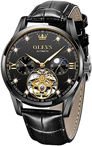 OLEVS Mens Leather Watches Automatic Mechanical Skeleton Tourbillon Diamond Luxury Self Winding Dress Wrist Watches Moon Phase Waterproof Luminous