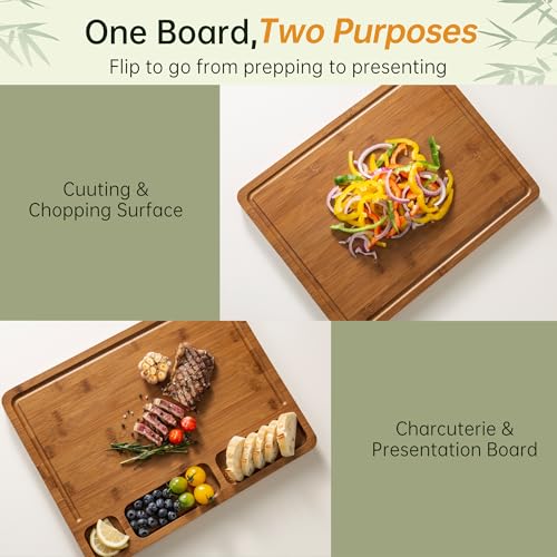 Image of THETCHRY Bamboo Cutting Boards for Kitchen, 1 inchThickened Cutting Board with Juice Groove, Large Butcher Block with Handle, Wood Charcuterie Chopping Board for Prep & Serving Tray, 17 inch x 13 inch