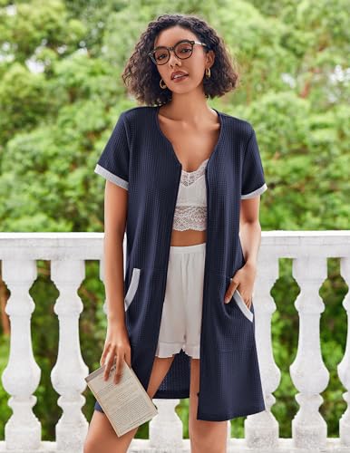Ekouaer Women Zipper Robe Waffle Short Sleeve Bathrobes Lightweight Knee Length Housecoat with Pockets S-3XL4