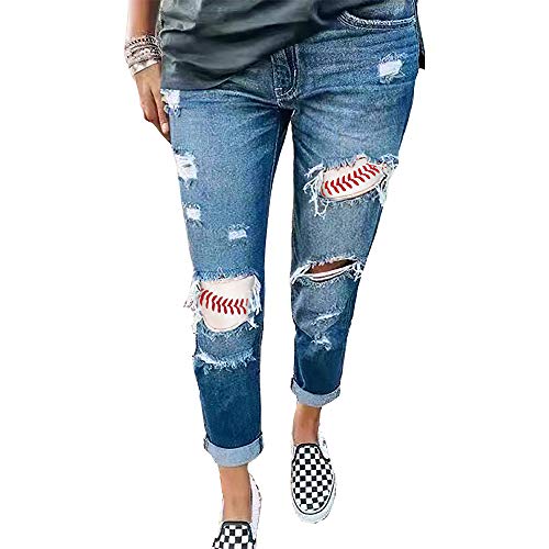 Akivide Women's Baseball Patch Stitching Printed Ripped Casual Jeans Skinny Denim Jeans with Hole Pants for Women