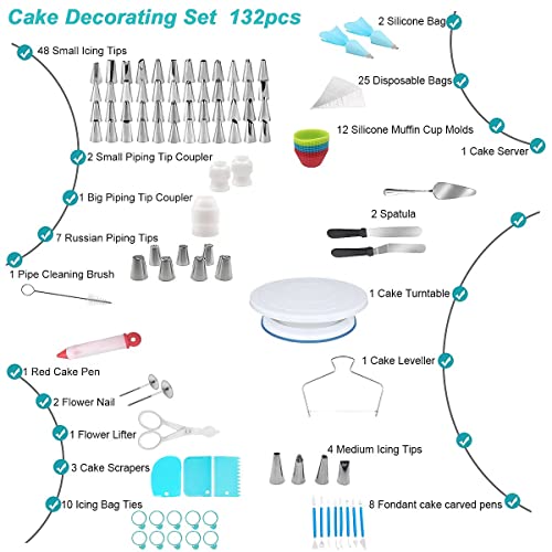 Cake Decorating Kit,132Pcs Cake Decorating Tools with Cake Turntable Stand,Icing Piping Nozzles,Russian Tulip Tips,Baking Decorations Supplies Set