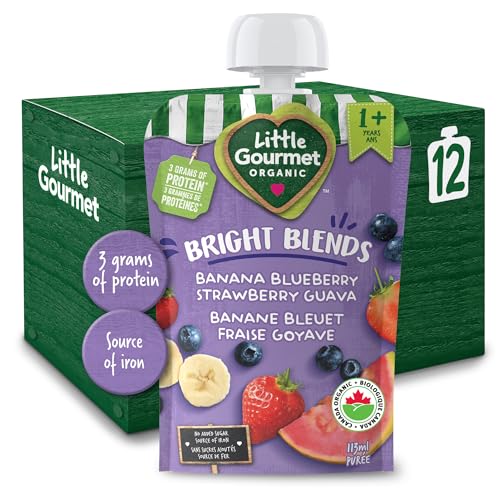 Little Gourmet Organic Bright Blends Baby Food Pouches – Banana Blueberry Strawberry Guava – No Added Sugar or Salt, Non GMO, No Fillers – (113ml), 12-Pouches, Purple
