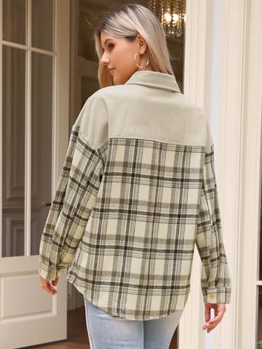 Allegra K Flannel Shirt for Women Button Down Color Block Corduroy Jacket Long Sleeve Plaid Shirts3