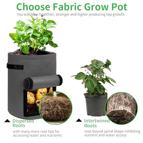 JJGoo 4 Pack Potato Grow Bags 10 Gallon with Flap, Heavy Duty Fabric with Handle and Harvest Window, Non-Woven Planter Pot Plant Garden Bags to Grow Vegetables Tomato, Dark Grey