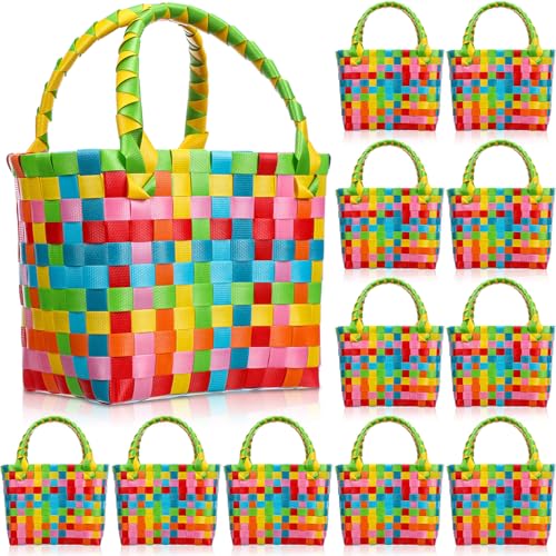Ferrochef 12 Pcs Reusable Mexican Tote Bags Woven Plastic Mercado Fiesta Mexicana Favor Bag with Handle for Goodie Party Supplies (Classic Lightcolor)