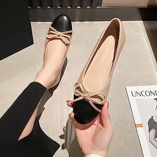 JiangWei Shu Women Bow Knot Ballet Flats Round Toe Slip On Dress Party Shoes, Apricot US 74