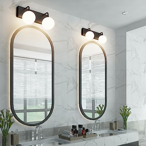 Image of Tipace Black Vanity Light Fixtures, 2-Light Modern Bathroom Light Over Mirror with White Milk White Globe Glass for Bathroom (Exclude Bulb)