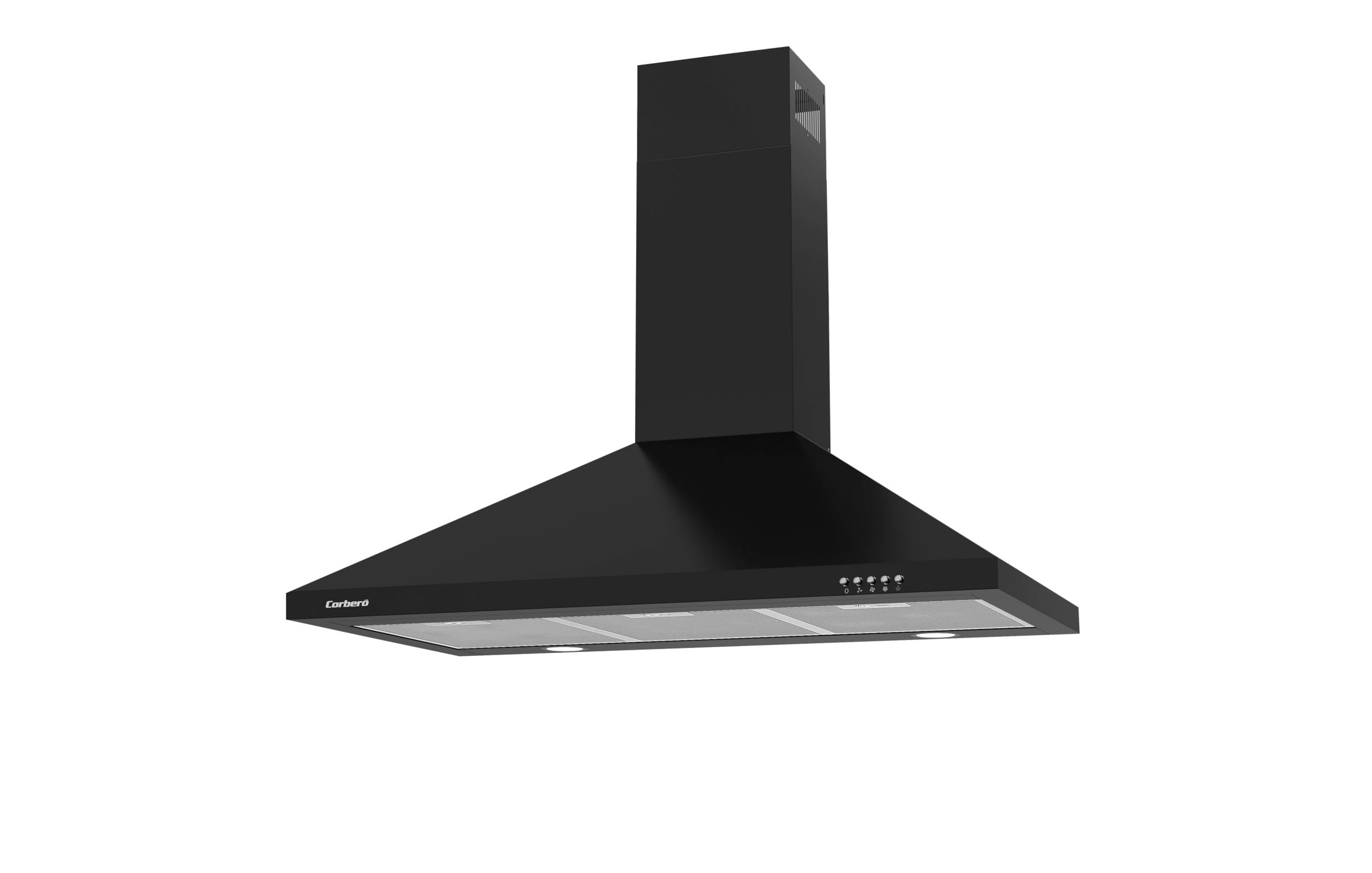 Corberó - Campana Extractora Pirámide 90 cm | KURAMATHI960B | 621,71 m3/h | 69db | 168W | 3 Velocidades | Control con Pulsador | Luz LED | 3 Filtros de Aluminio + Filtro Carbon | Negro