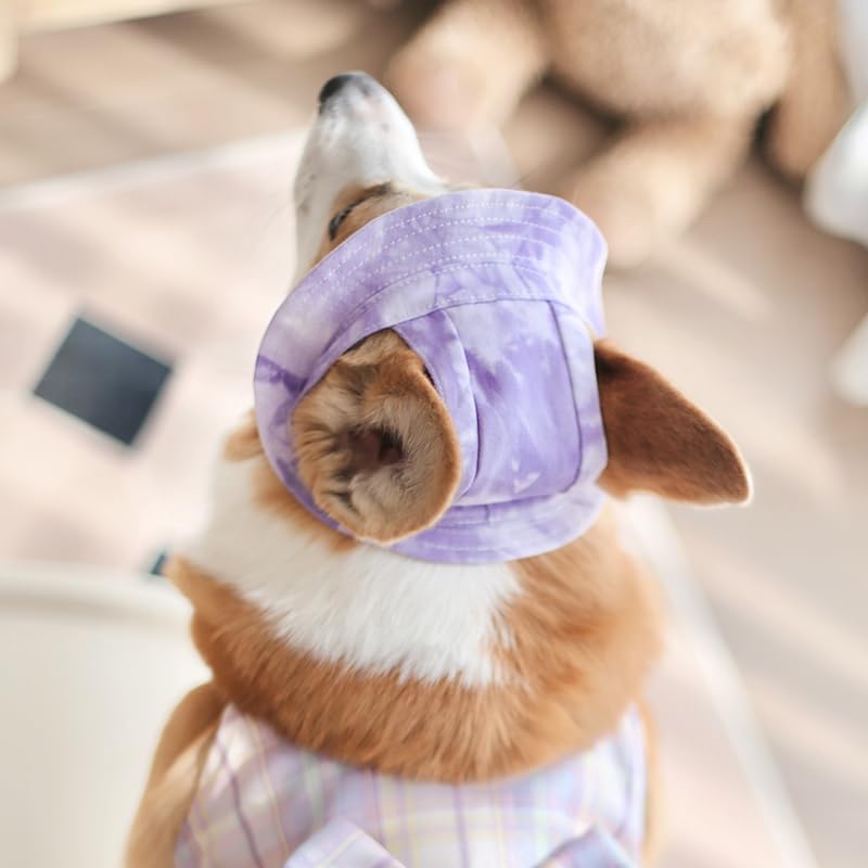 Image of HDKUW Dog Bucket Hats, Dog Round Cap with Ear Hole, Adjustable Outdoor Travel Sun Protection Sport Hat for Cat Small Medium Dogs Purple S