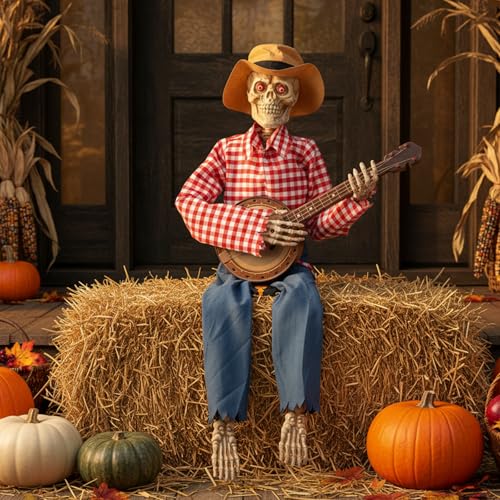 39' Fall Thanksgiving Banjo Playing Skeletons - Animated Scarecrow Decorations Autumn Harvest Day Gifts Halloween Fall Prop Decor for Indoor/Outdoor
