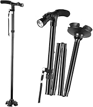 Folding Walking Stick with LED Torch Light, for Elderly, Adjustable Height, Lightweight Rod, T-Handle, Non-Slip Base