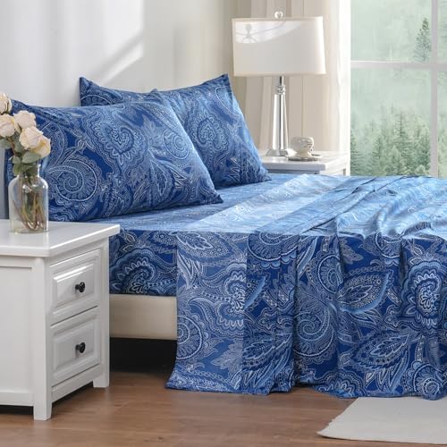 Bedlifes Full Sheet Set Ultra Soft, Breathable, Silky Flower Deep Pocket 100% Microfiber Bedding, 4 Piece Full Size Paisley Dark Navy Blue