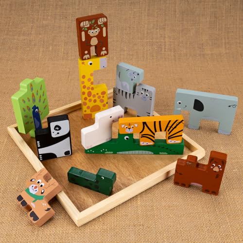 Image of Wooden Tetris Puzzle | 13 Wooden Animals | Brain Teaser | Pretend Play | Stacking and Balancing |Tangram Puzzle | Builds Spatial Awareness, Abstract Reasoning and develops Imagination.