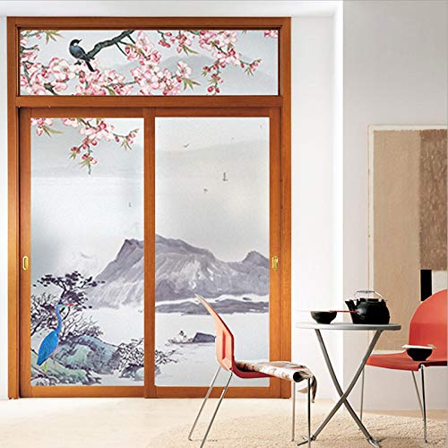 Xijier Privacy Window Film No Glue Window Cling Static Cling Window Film Bird and Flower Painting Glass Decorative Frosted Glass Sticker for Office 17.7