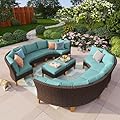 PHI VILLA 12 Pieces Patio Conversation Set Half Moon Wicker Outdoor Furniture Sofa Set Curved Circle Rattan Sofa for Garden, Blue