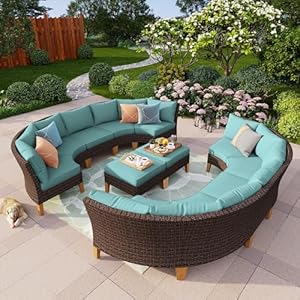 PHI VILLA 12 Pieces Patio Conversation Set Half Moon Wicker Outdoor Furniture Sofa Set Curved Circle Rattan Sofa for Garden Blue
