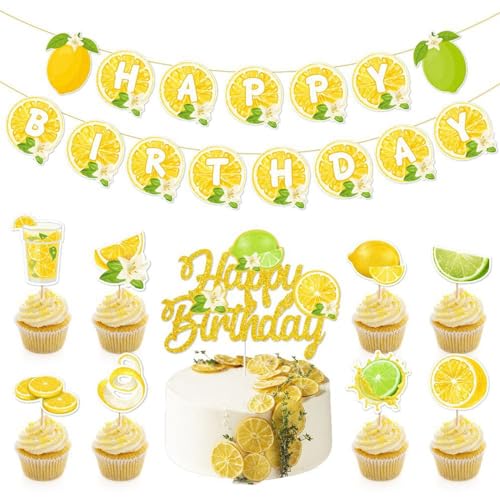 Ensemble de décoration de fête d'anniversaire sur le thème du citron – Bannière jaune « Happy Birthday », décorations de gâteaux et cupcakes, idéal...
