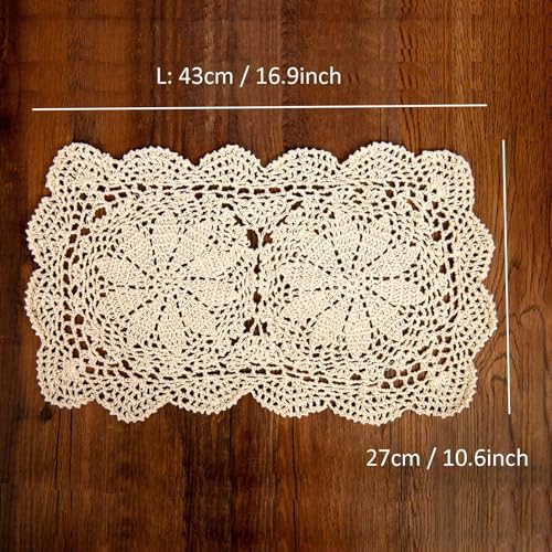 Eiyye Handmade Rectangle Doilies, 2-Piece Handmade Crochet Cotton Doilies Lace Table Crochet Placemats Coaster 10.6x16.9 inch (Beige)