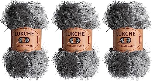 Image of Eyelash Fun Fur Yarn Premium 100% Polyester 164 Yds (150 Mt), 3.53 Oz (100 Gr) Colorful Crochet Yarn Dıy Hand Knitting (Gray, 3 Skein)