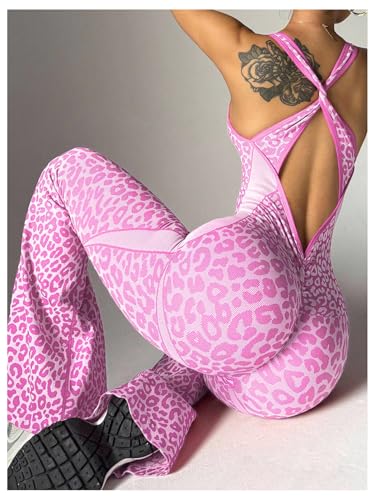 Image of Verdusa Women's Cheetah Print Workout Sets Yoga Jumpsuit Criss Cross Sleeveless Work Out Clothes Flared Pants Jumpsuits