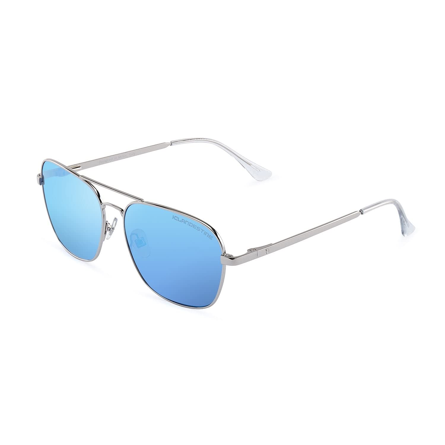 CLANDESTINE - Sonnenbrille B-Pilot 18 Silver Ice Blue - Blaue HD Nylon Gläser und Edelstahlrahmen - Sonnenbrille für Männer und Damen - Mit Smart Vision Technology - Bessere Sicht, Geringere Blendung