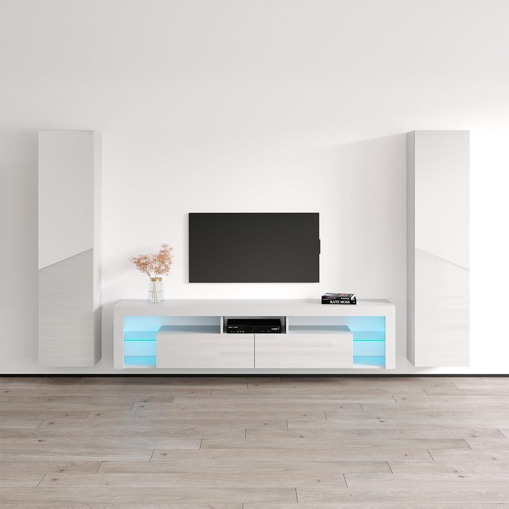 Meble Furniture Milano 200 Wall-Mounted TV Stand — Floating Entertainment Center with Storage & LED Lights — Modern High Gloss, 40 Inches — White