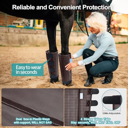Image of Mesh Horse Fly Boots Set of 4, Loose Fitting Leggings for Horses, Reduce Stressful Stomping, Breathable Adjustable and Universal Fit for 4 Legs, Reliable Stay Put (Brown)