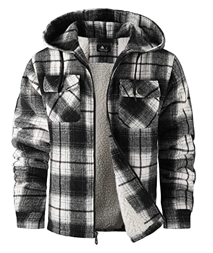 ZITY Men's Flannel Hooded Jacket Fleece Sherpa Lined Plaid Shirts Jackets Zip Up Sweatshirt Hoodies for Men with 4 Pockets Black X-Large